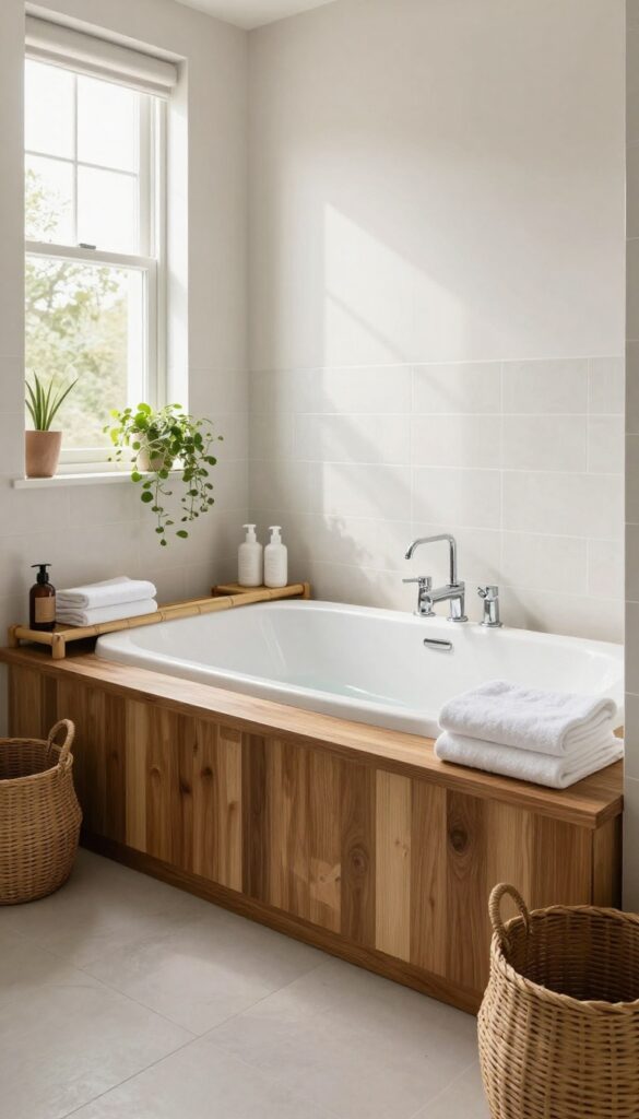 Bathroom with wooden accents including teak bench and bamboo shelves for a warm, organic feel