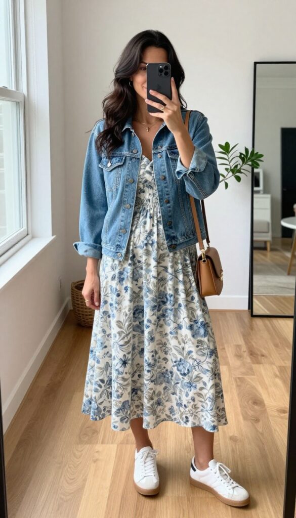 Millennial woman in floral maxi dress and denim jacket taking a mirror selfie in bright, airy room.