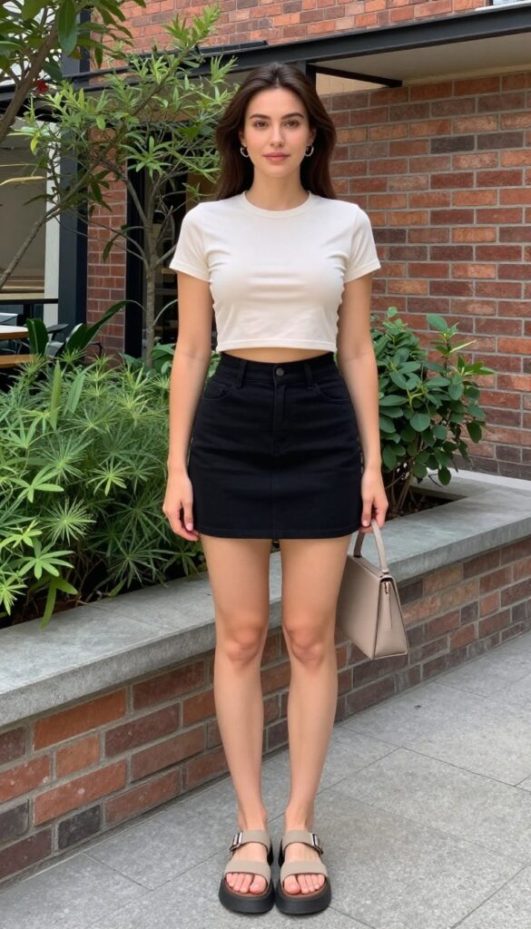 A woman wearing a crop top and black mini skirt in a casual summer outfit, styled with accessories like sandals and a handbag, set in bright natural light for a fashion-blog look.