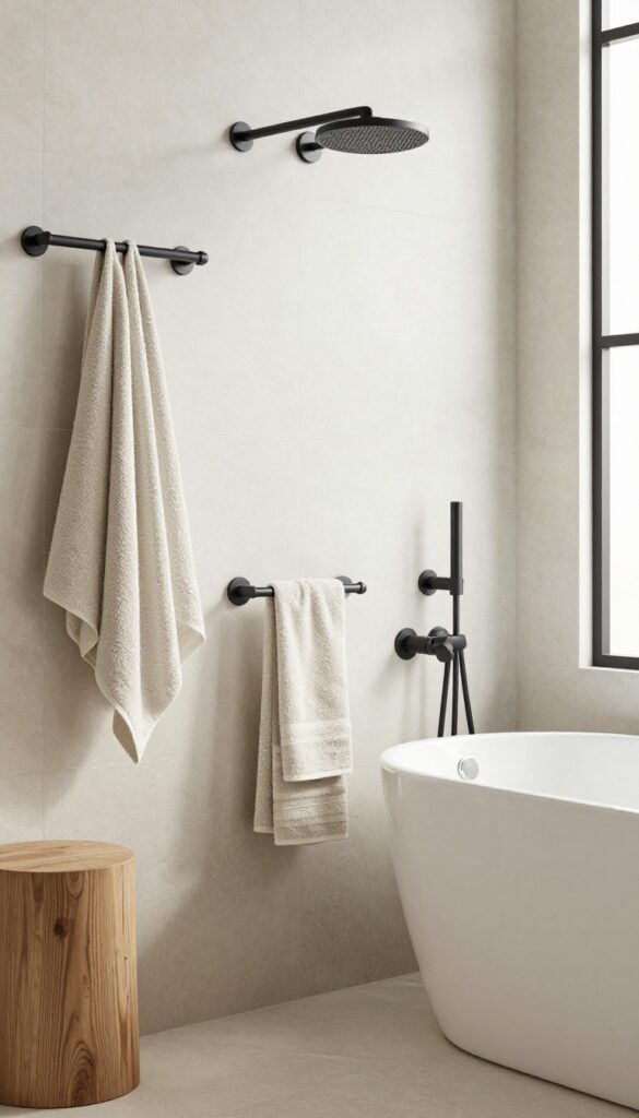 Minimalist bathroom hardware with matte black fixtures, natural light, clean lines, and neutral textures in a modern shower and tub setting.