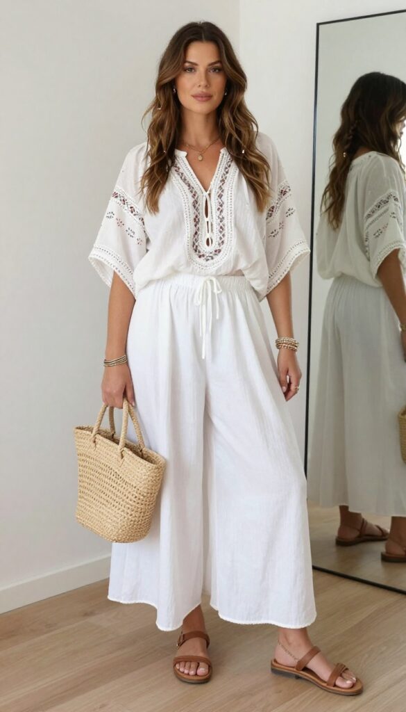 A curvy woman in a boho-inspired blouse and white maxi skirt for a summer outfit, styled with sandals, straw bag, and layered bracelets in a bright natural setting.