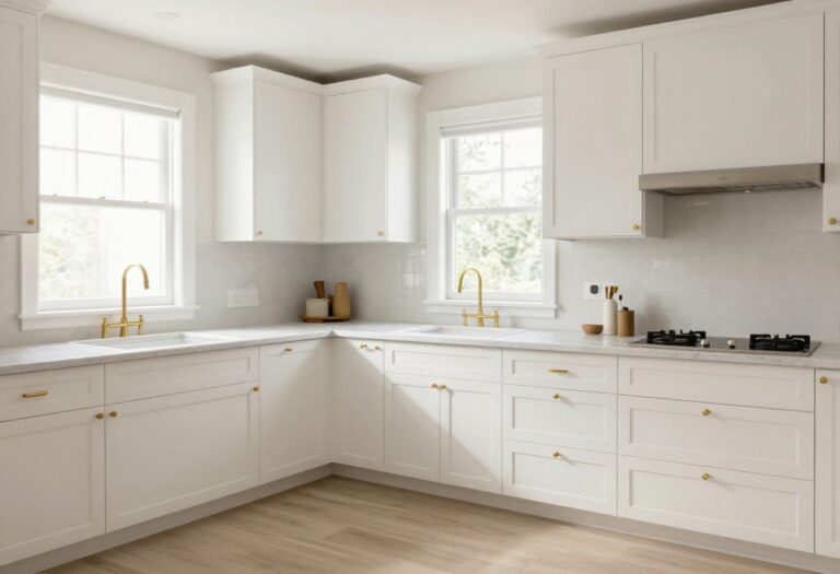 Bright kitchen with soft white cabinets, brass handles, marble countertops, and natural light