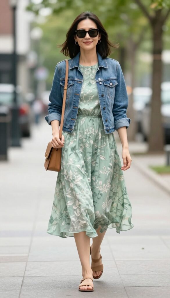 Woman wearing a flowy sage green midi dress with a classic blue denim jacket, tan crossbody bag, and flat sandals, walking outdoors in natural light.