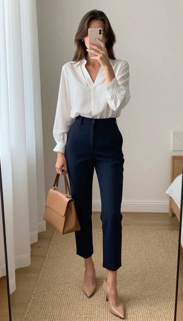 Woman in white blouse and cropped navy trousers taking a mirror selfie for a casual business outfit idea.
