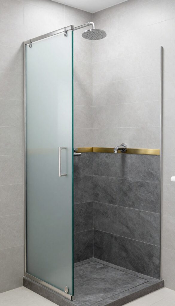 Two-tone grey tile shower with horizontal metal band