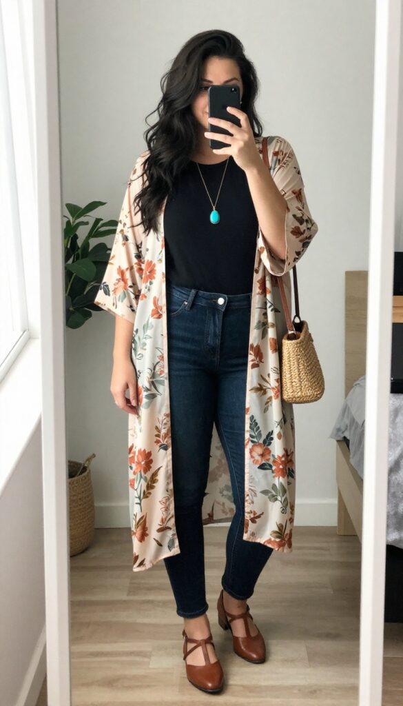Plus-size woman in floral kimono over black tee and skinny jeans, taking a mirror selfie with phone, boho chic outfit.