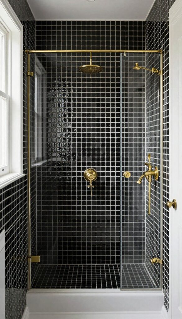 A close-up view of black penny tiles in a mosaic layout on a shower wall, with brass fixtures and natural light creating a vintage-inspired retro bathroom aesthetic