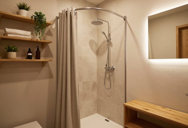 Cozy small shower-only bathroom with wood accents, plants, and soft lighting
