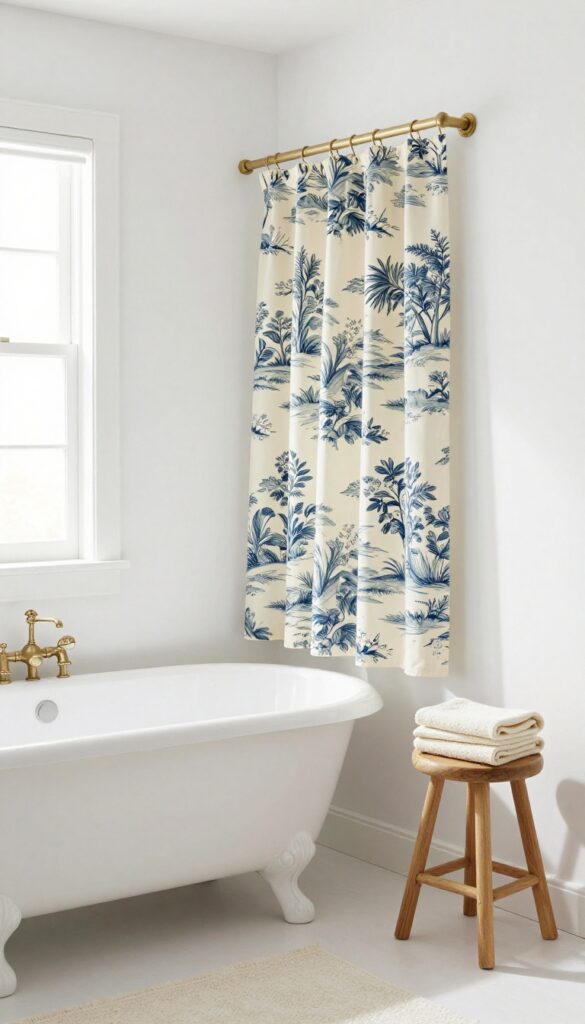 Vintage toile shower curtain with blue pastoral pattern on cream background in a bright white bathroom
