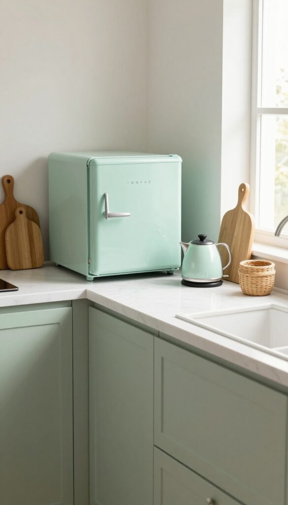 A cozy kitchen with matching pastel mint appliances on a white countertop, wooden accents, and natural light.