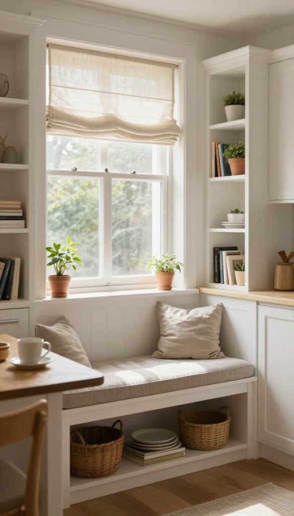 A sunny kitchen banquette with built-in cubbies on either side of a window, featuring storage for cookbooks and plants.