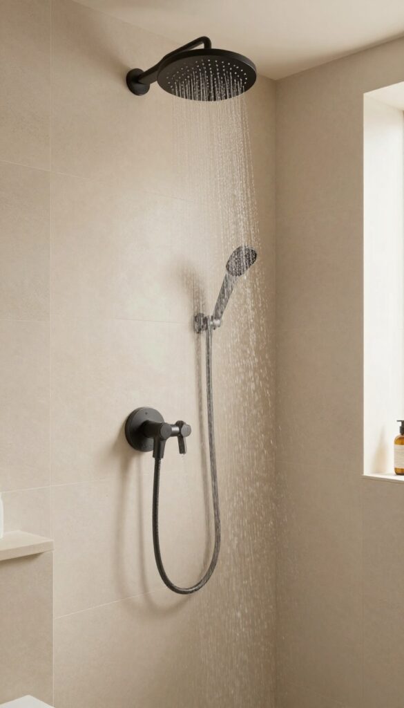 A small modern bathroom with a rainfall showerhead in matte black, providing a gentle water flow in bright natural light, featuring minimalist design with warm lighting and natural textures for a relaxing spa-like feel.