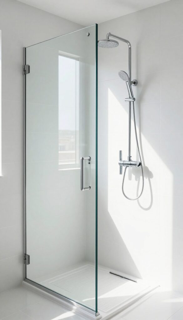 A bright, modern bathroom shower with glossy black tiles reflecting light, featuring chrome fixtures and a clear glass door for an airy, luxurious look.