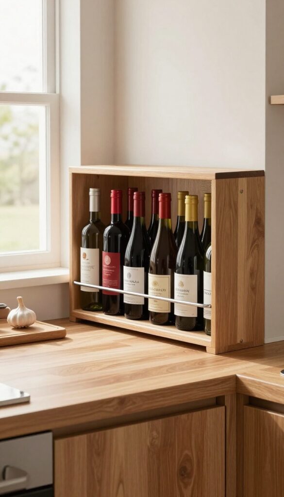 Kitchen peninsula with built-in wine rack in base, bottles visible, clean countertop with cutting board and garlic press, bright natural light.