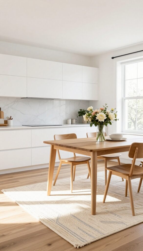 A light and airy kitchen with a neutral patterned rug under a wooden dining table, creating a cozy and defined dining area.