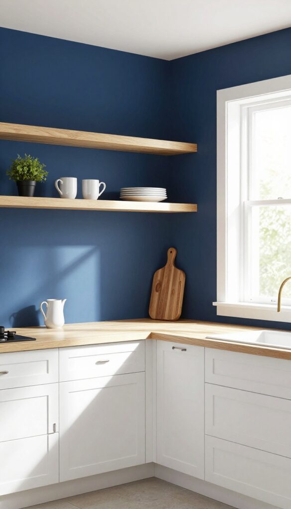 Kitchen with open shelving and navy blue painted backsplash