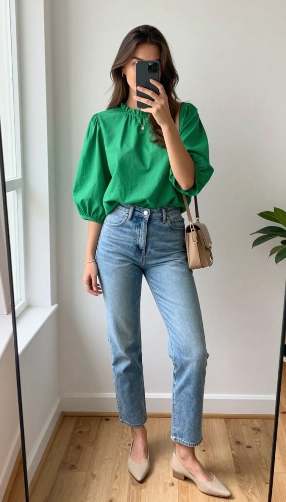 Woman in relaxed jeans and green statement top taking a mirror selfie for a casual Friday work outfit idea.