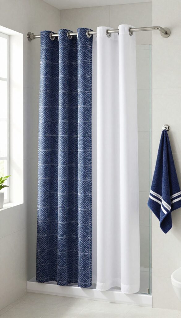 Double shower curtain in a bathroom showing a patterned outer curtain with a neutral inner liner for balanced design
