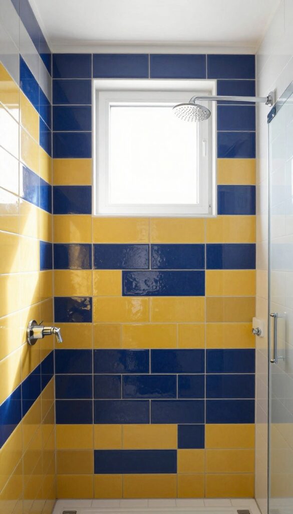 Color-blocked shower backsplash in navy and mustard yellow tiles