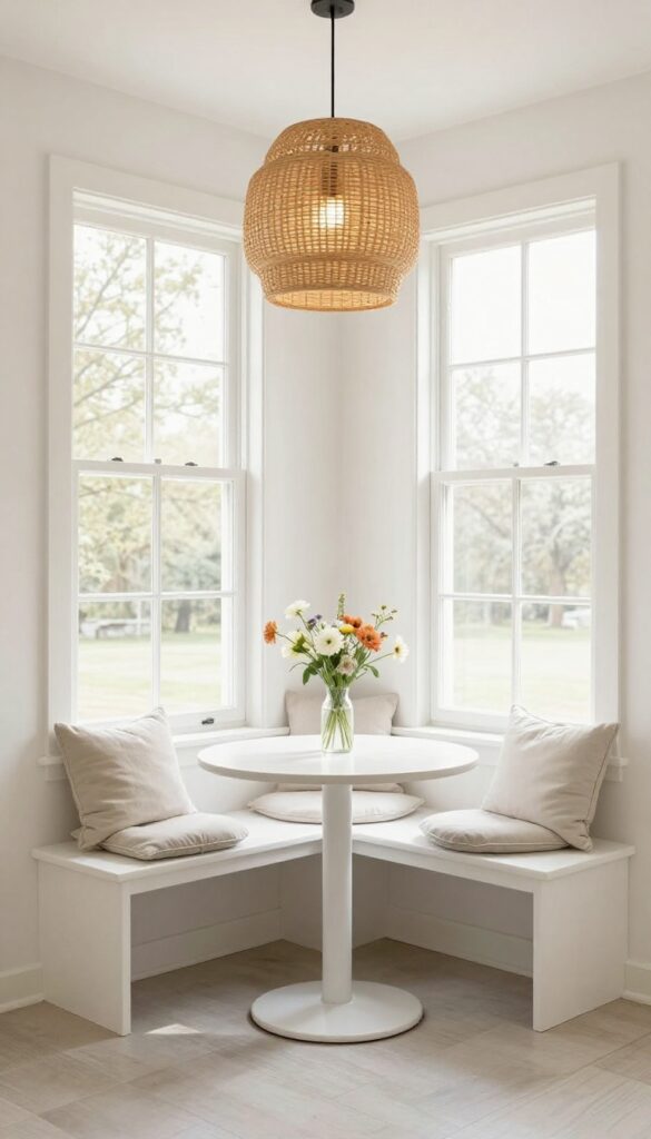 Cozy breakfast nook with built-in bench and round table in a bright kitchen corner