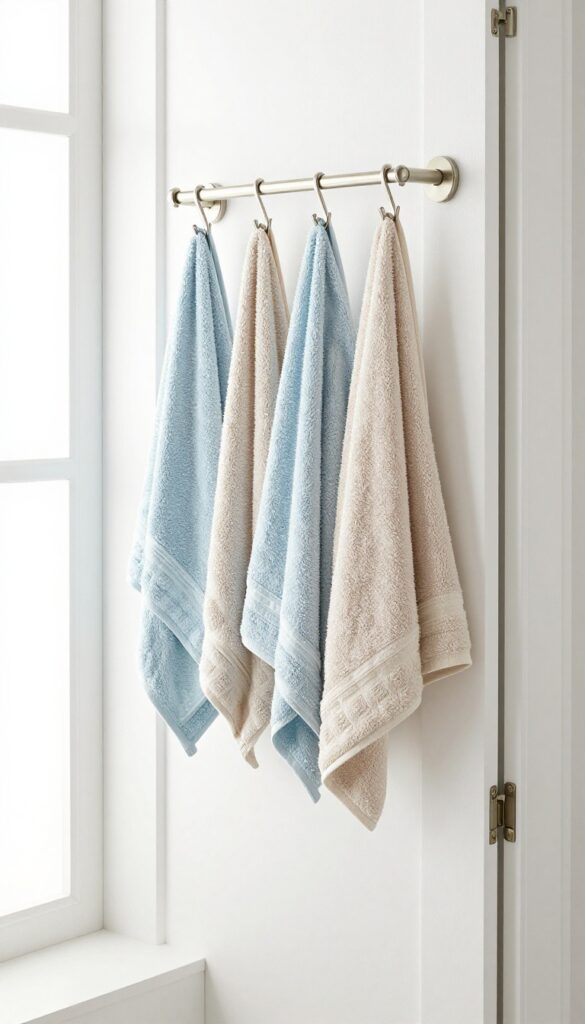 An over-the-door towel rack installed on a bathroom door in a small space, holding neatly folded towels in coordinating colors, demonstrating no-fuss storage without tools for organized bathroom storage.