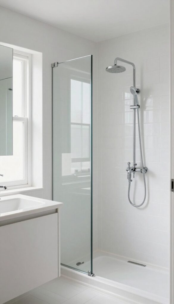 A small bathroom with light colors and reflective surfaces, including white tiles, a large mirror, and metallic fixtures, creating a bright and spacious look for tub and shower combos.