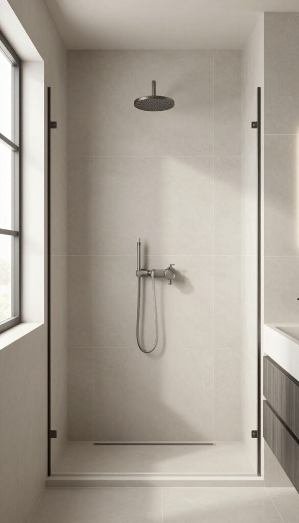A serene monochromatic tile shower in a master bathroom with mixed textures and natural light, showcasing a clean, minimalist design for relaxation.