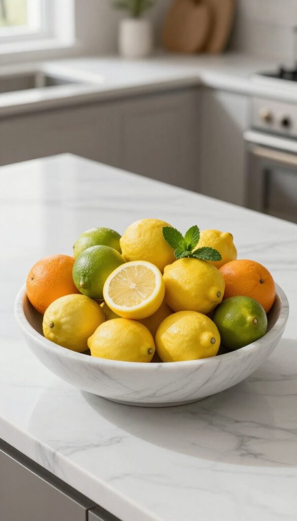 Marble fruit bowl filled with citrus fruits on a kitchen countertop