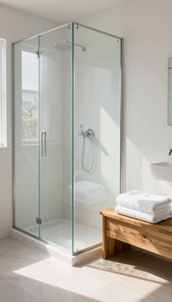 Frosted window film on a shower window allowing soft natural light while providing privacy, with warm wood accents and white towels.