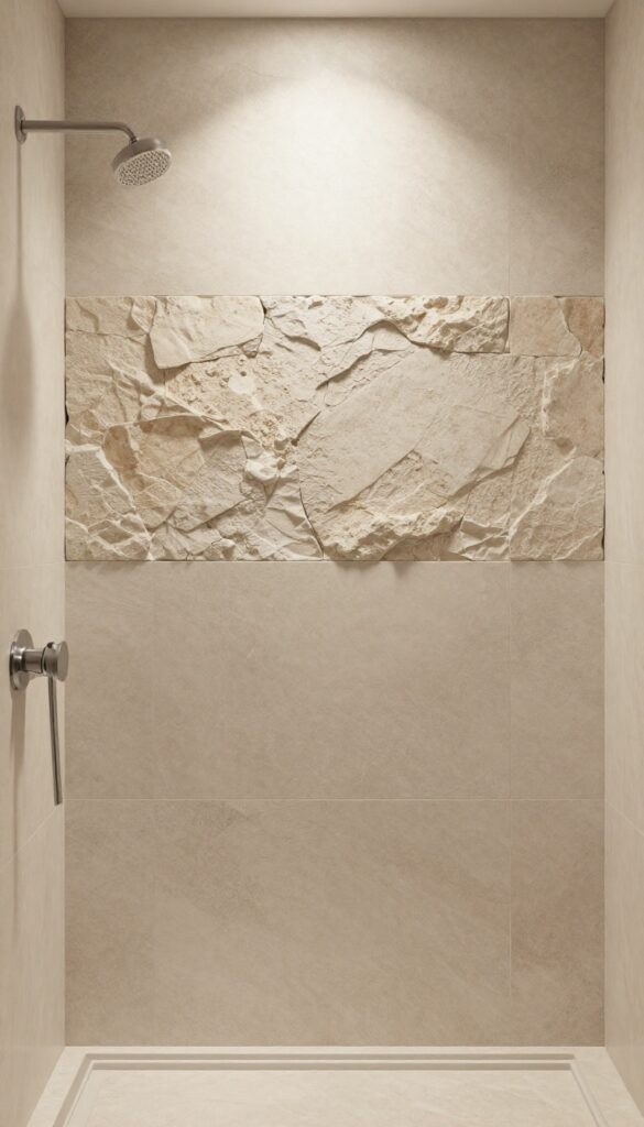 A shower with natural stone accent tiles in subtle textures, creating an earthy and inviting bathroom space under bright natural light.