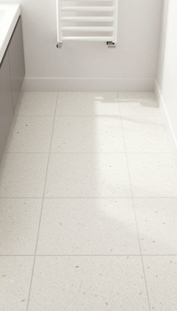 A small bathroom floor with terrazzo-style tiles in neutral colors and speckled pattern, featuring minimalist fixtures and bright natural light.
