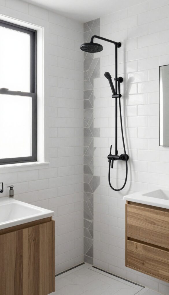 A shower with white subway tiles and gray hexagonal accents on a feature wall, blending classic and geometric shapes for a fresh, stylish look with matte black fixtures and natural wood details.
