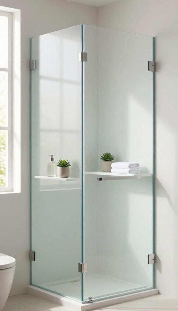 Frosted glass shower door with integrated shelving in a modern bathroom, showcasing privacy and storage with natural light and minimal decor.