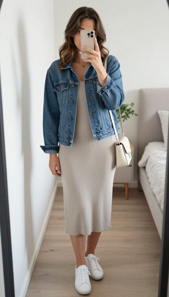 Midsize woman in a denim jacket over a simple knit dress, taking a mirror selfie in a bright room, showcasing a casual layered outfit.