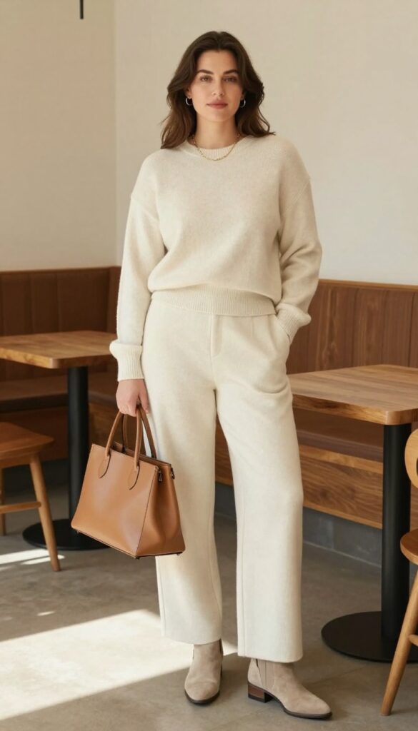 A woman in a monochrome neutral outfit of cream sweater and trousers with beige boots and tan tote bag, standing in a bright coffee shop.