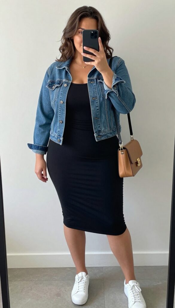 Plus-size woman in black bodycon dress and denim jacket taking a mirror selfie, white sneakers and crossbody bag, casual chic outfit.