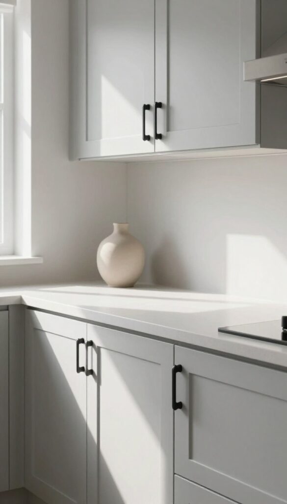 Modern kitchen with light gray cabinets and matte black hardware as contrasting focal point