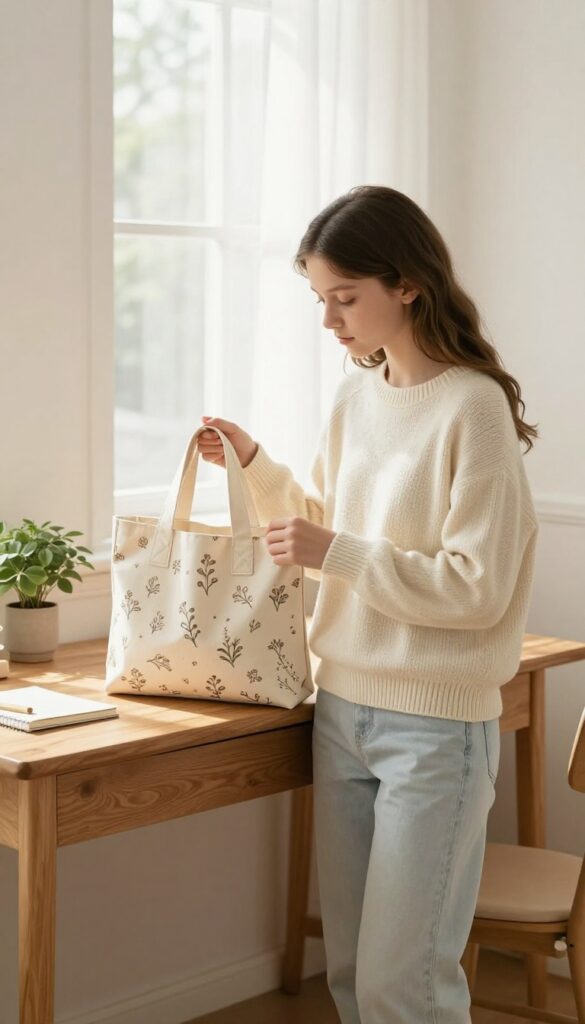 Teen girl holding a cute canvas tote bag in a bright, clean bedroom