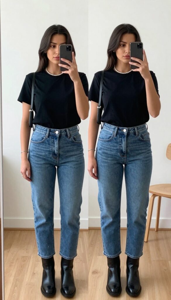Mirror selfie of a woman in an all-black casual outfit: black tee, black jeans, black boots, and a classic pearl necklace, with a structured black bag, in a bright room.
