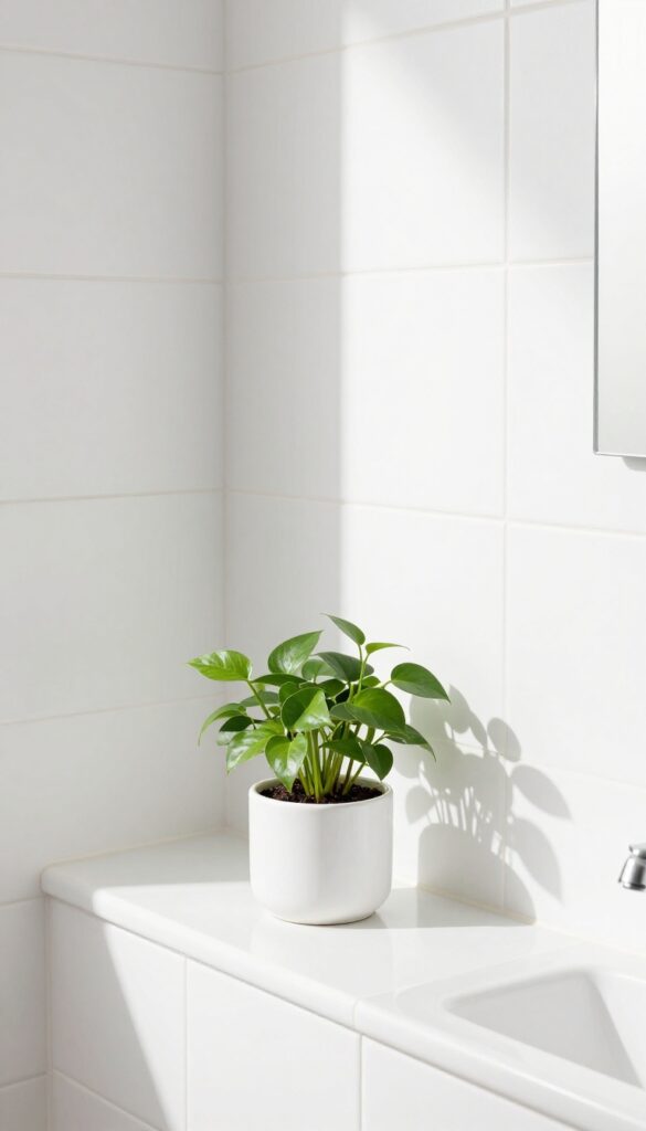 A small pothos plant in a white ceramic pot on a bathroom windowsill, adding natural elements to soften the sterile space with bright light and clean design