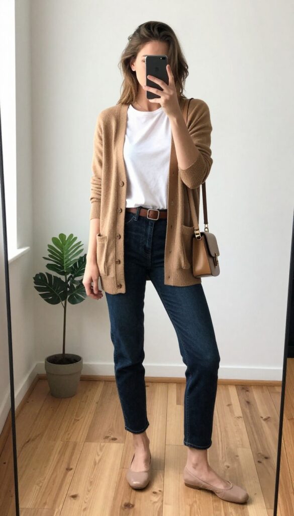 Woman taking a mirror selfie wearing a camel cardigan over a white tee with dark jeans and nude flats, casual professional outfit.