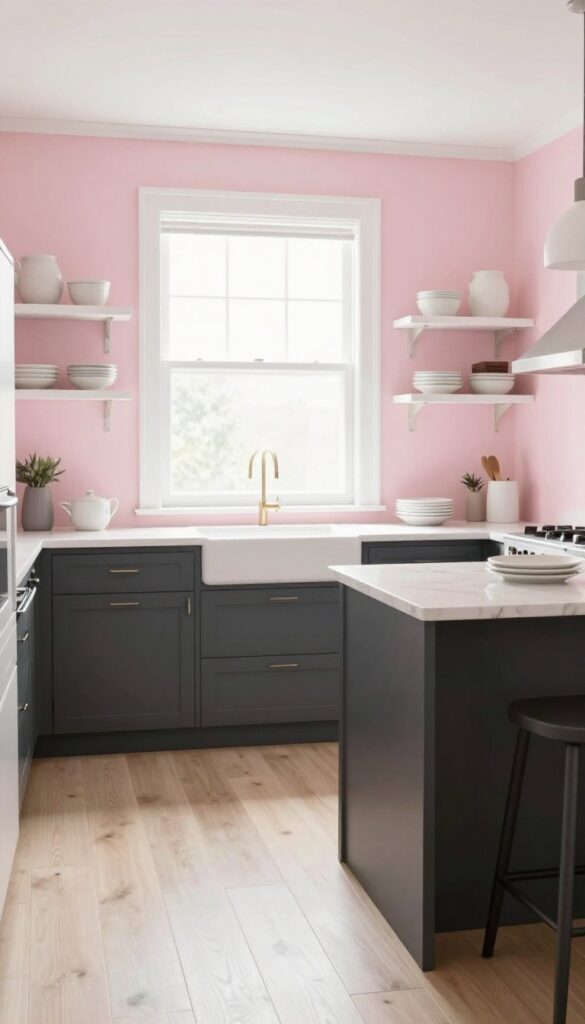 Bright kitchen with blush pink backsplash and charcoal gray island and lower cabinets