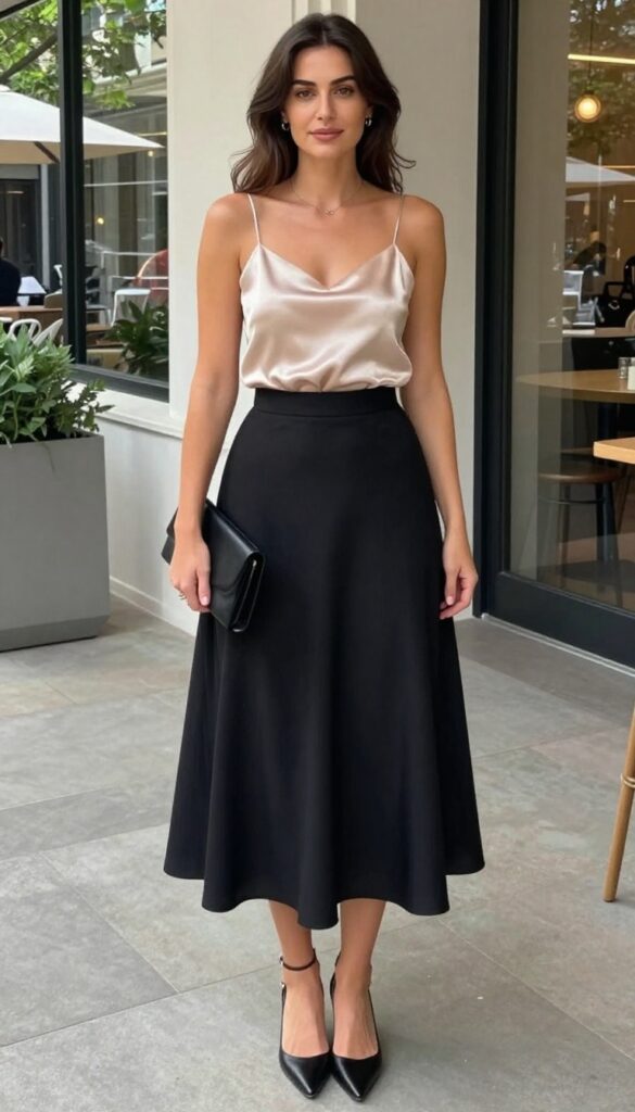 A woman wearing a satin camisole and black skirt outfit for a summer date night, styled with strappy heels and delicate accessories in a bright natural setting.