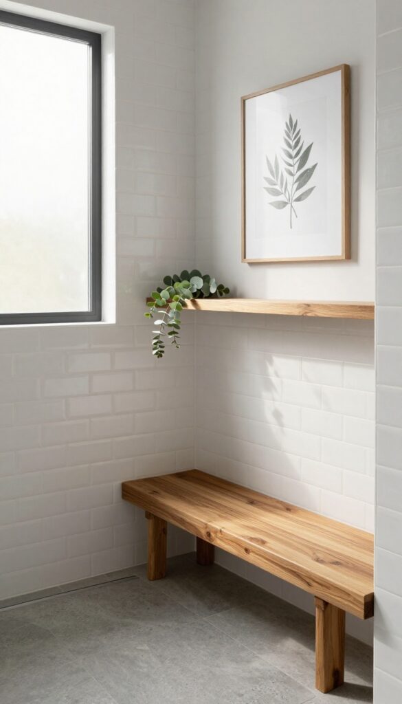 Bright bathroom shower with teak wood bench and shelf, white subway tiles, gray stone floor, eucalyptus, natural light