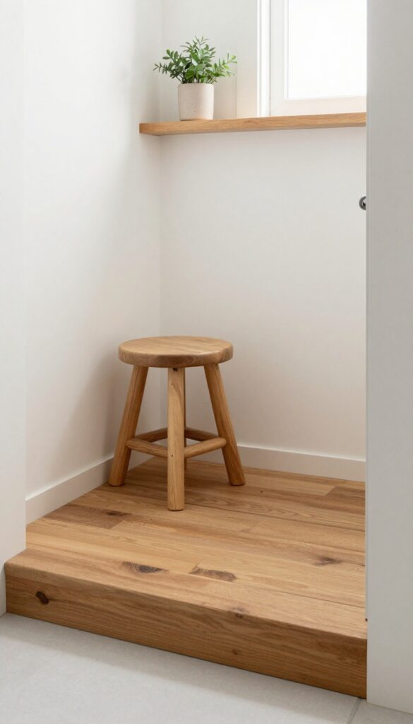 Close-up of treated wooden beams used as a shower threshold in a rustic bathroom, showing warm texture and clean transition under bright natural light.