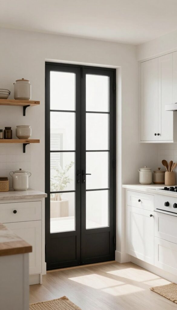 Black steel-framed sliding door in a bright kitchen with white cabinets and warm wood accents.