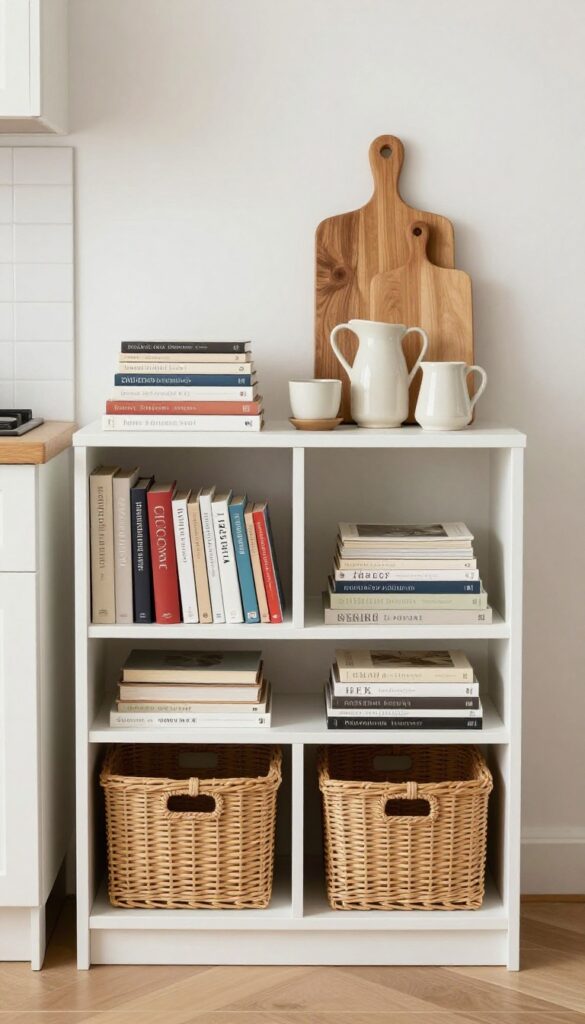Kitchen peninsula with open bookshelf base filled with cookbooks, ceramic decor, and woven baskets in bright natural light.