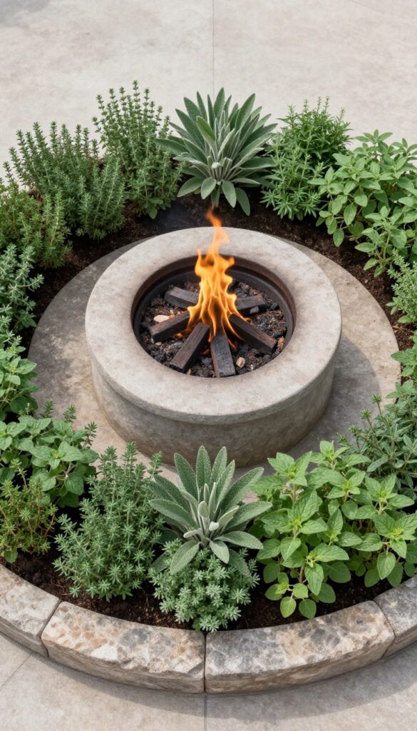 Fire pit surrounded by a ring of herbs like thyme, oregano, and sage.
