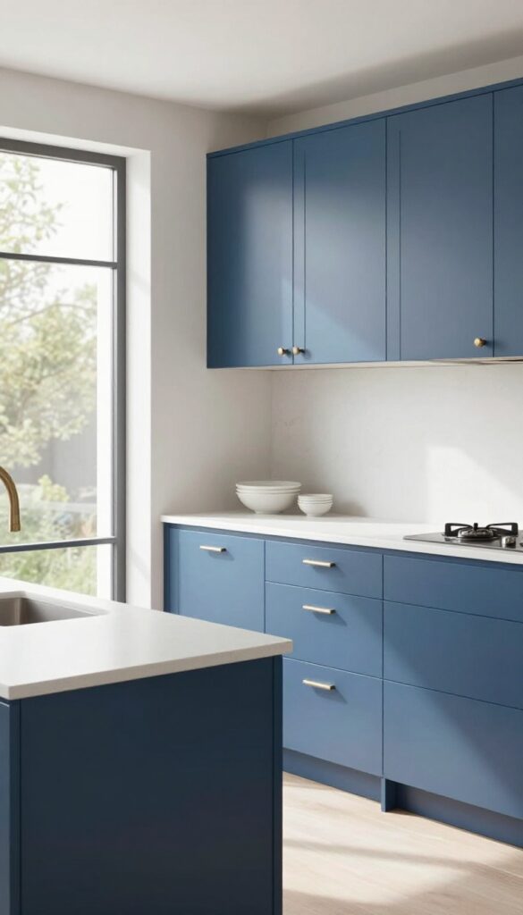 Slate blue kitchen cabinets with brushed nickel fixtures and light countertops