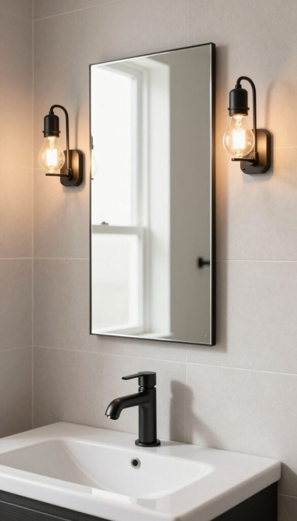 Modern men's bathroom with industrial lighting: black metal wall sconces beside a mirror providing warm illumination in a clean, bright setting.